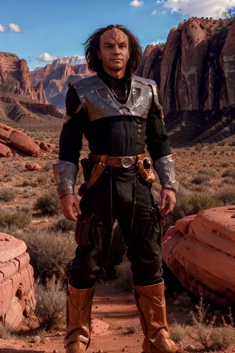 semi arid savannah of an alien planet with red rock mountains in the background,  DariusFerdynand is a (klingon) with (forehead ridge), thick eyebrows wearing klingon clothing, klingon uniform, armor  (((full body portrait))), wide angle <lora:DariusFerdynand:0.75>   <lora:race_st_klingon:0.8>