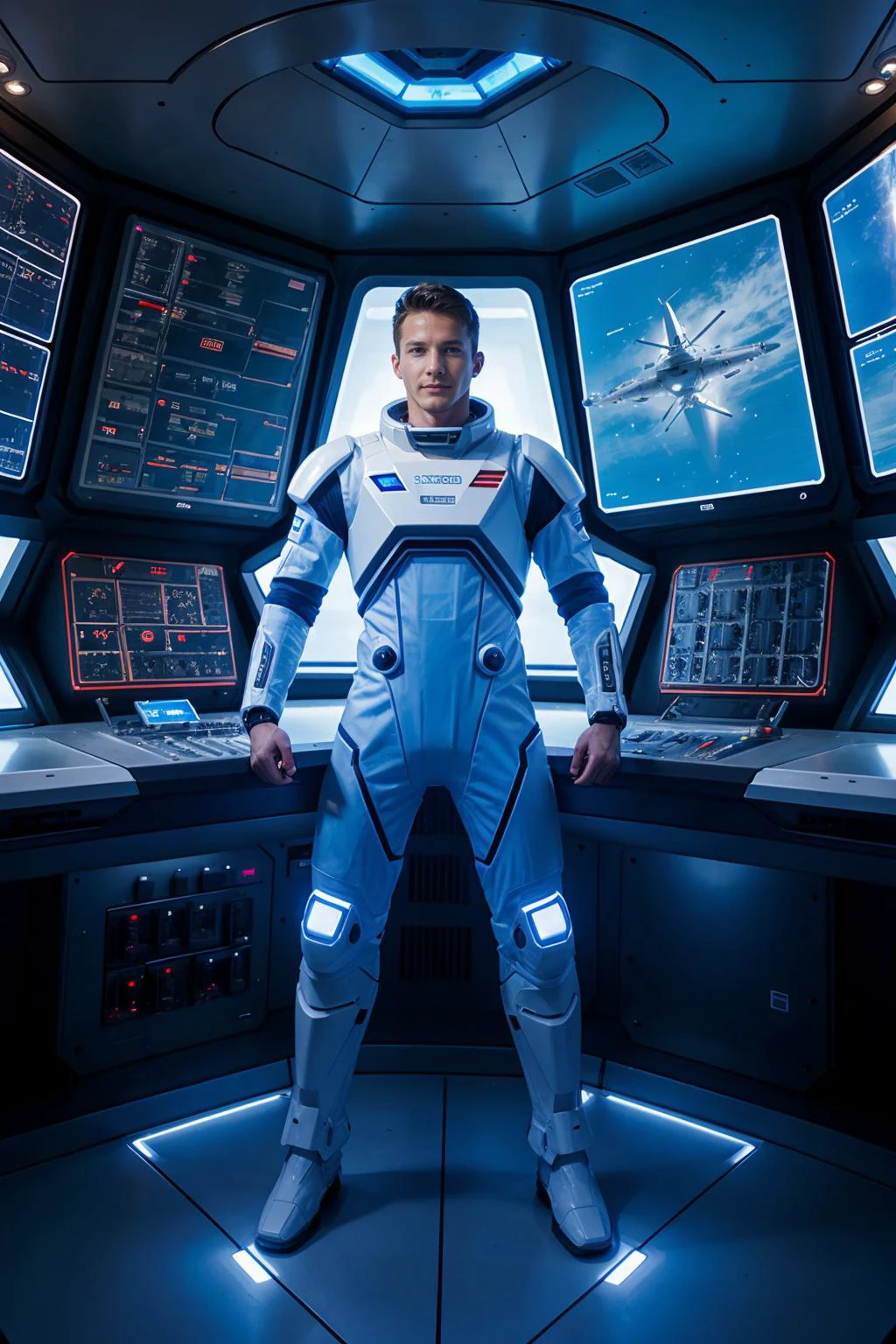 on the bridge of a futuristic spaceship, standing beside a control panel, DariusFerdynand wearing a futuristic astronaut suit, (((full body portrait))), wide angle <lora:DariusFerdynand:0.75>