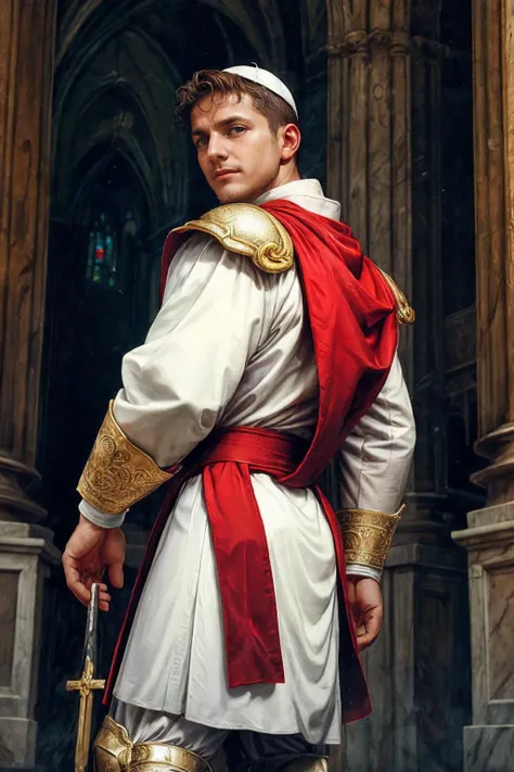 looking back, <lora:DariusFerdynand:0.8> DariusFerdynand wearing red and white sheer tight Roman-Catholic-pope robe-armor, warrior-pope, looking at viewer, peaceful and righteous expression BREAK St. Peter's Basilica, Vatican, BREAK heroic, religious motifs, Chiaroscuro, Renaissance art, ecclesiastical power, BREAK realistic, cinematic, best quality, detailed background, depth of field, intricate details