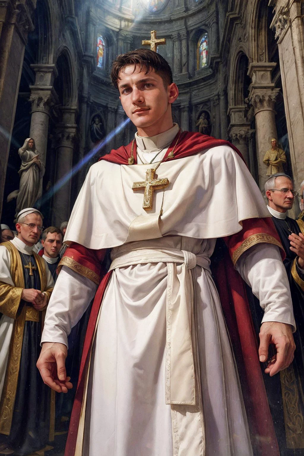 <lora:DariusFerdynand:0.8> DariusFerdynand wearing well-fitted red and white Roman Catholic priest robe armor, looking at viewer, peaceful and righteous expression, St. Peter's Basilica, Vatican Gardens, heroic, religious motifs, Chiaroscuro, Renaissance art, ecclesiastical power, crepuscular rays realistic, cinematic, best quality, detailed background, depth of field, intricate details