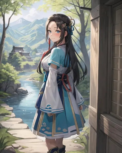best quality, (masterpiece:1.2), illustration, absurdres,
(1girl, solo), (beautiful detailed girl),
<lora:LadyHayakawa:0.9>, Lady Hayakawa, black hair, long hair, blue eyes, small breasts, hair ornament,
aqua dress, grey boots,
grassy mountains, trees, japanese architecture, river, plants,,
looking at viewer, gentle smile, blush,
(covering mouth:1.2), from behind,