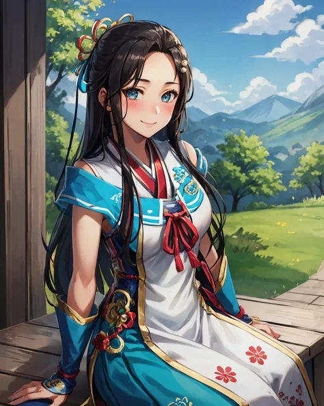 best quality, (masterpiece:1.2), illustration, absurdres,
(1girl, solo), (beautiful detailed girl),
<lora:LadyHayakawa:0.95>, Lady Hayakawa, black hair, long hair, blue eyes, small breasts, hair ornament,
aqua dress, grey boots,
park, sky, clouds, trees, outside japanese school,,
looking at viewer, gentle smile, blush,
(sitting:1.2), (upper body, portrait),