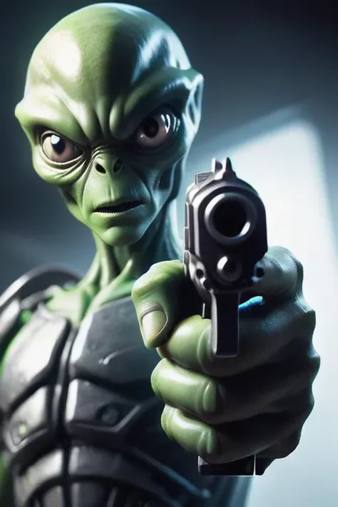 (High-resolution) (hyper-realistic) (detailed illustration) of an alien pointing pistol directly at the camera. (Intense) (dynamic composition) with (impressive lighting). (Epic) (digital art) captured with (advanced technology). (Mystical atmosphere) (intimidating perspective) (award winning).<lora:XL_Weapon_pistol:0.75>