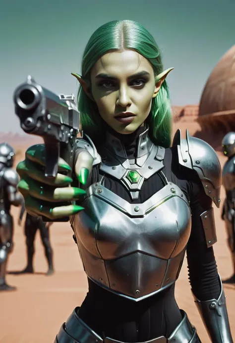 magnificent 24yo woman, green eyes, green hair, medieval elf, pointy ears, green lipstick, windswept hair, full body, american shot
shiny steel armor, on a science fiction planet,pointing pistol at the viewer, <lora:XL_Weapon_pistol:0.85>
film grain, fierce facial expression, detailed face, intricate hair, detailed skin, cleavage, looking at camera, ((photorealistic))