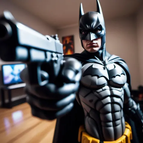 Action shot of A (batman) pointing pistol at the viewer, room in background,<lora:XL_Weapon_pistol:0.75>