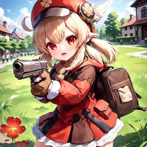 Action shot of a    (\ke li\) with   pointing pistol at the viewer, HD, masterpiece, best quality, hyper detailed, ultra detailed, <lora:XL_Weapon_pistol:0.75>, <lora:Kleex_xl:0.85>  ,Four leaf grass printing,1girl, solo, looking at viewer,gloves, bangs, long sleeves, low twintails,scarf, sidelocks, brown gloves, hat feather, backpack, open mouth, red headwear, (campus uniform:1.4),sitting,(pleated skirt:1.3)