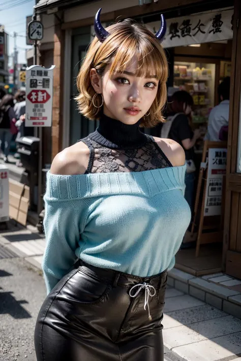 (realistic:1.3), finely detailed, quality, rembrandt lighting, (masterpiece:1.2), (photorealistic:1.2), (best quality), (detailed skin:1.3), (intricate details), dramatic, ray tracing, 1girl, japanese girl, 21 years old, detailed skin texture, (blush:0.5), (goosebumps:0.5), subsurface scattering, smiling, medium breasts, mem-cho, short hair, blonde hair, horns, shirt, long sleeves, off shoulder, bare shoulders, sweater, jewelry, blue sweater, demon horns, earrings, blunt bangs, fang, pink eyes, skirt, arms behind back, leaning forward, cowboy shot, (bright sunny day, tokyo, harakuju, shops, sky), <lora:mem-cho-10:1>
