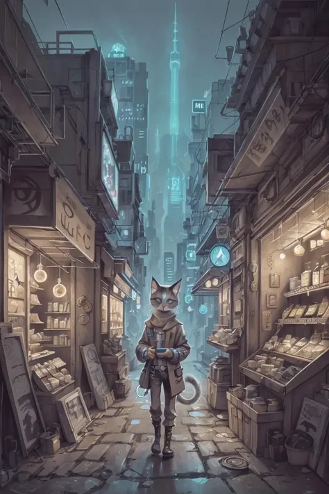 young cat cyberpunk merchant, futuristic city in the background <lora:GOTCHA_V0.01:0.35>