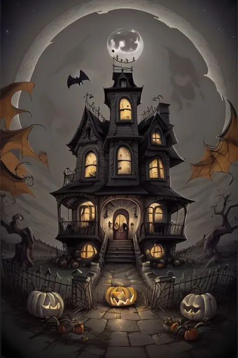 haunted house on a hill, pumpking, bats, fullmoon, fisheye lens, ghosts <lora:GOTCHA_V0.01:0.4>