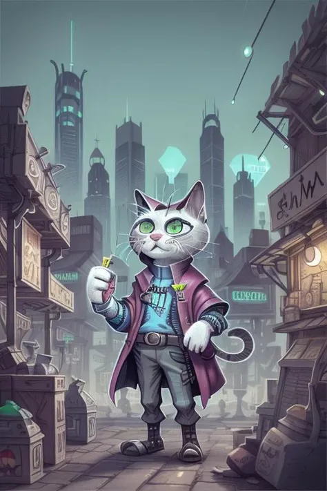 young cat cyberpunk merchant, futuristic city in the background <lora:GOTCHA_V0.01:0.4>