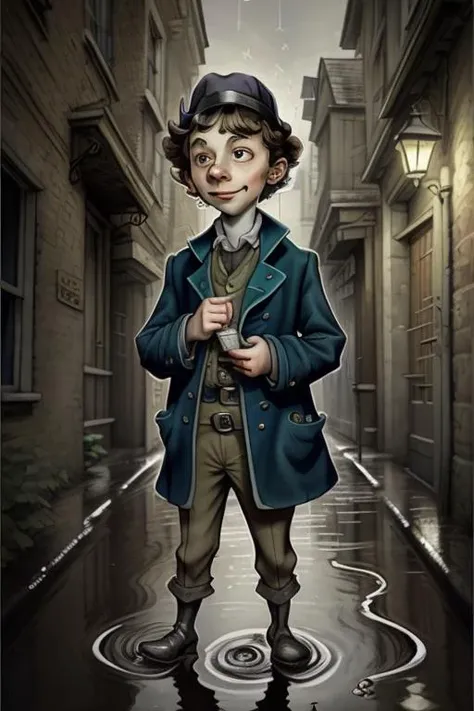 closeup, young sherlock holmes, victorian london alley, night, rain, puddles <lora:GOTCHA_V0.01:0.4>