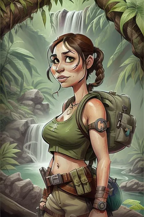 lara croft portrait in a jungle near a waterfall, adventurer, backpack <lora:GOTCHA_V0.01:0.4>