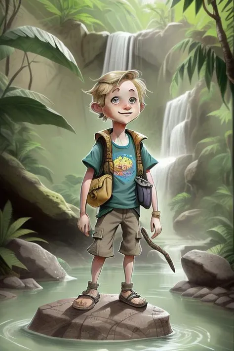 a blonde standing on a rock in a jungle near a waterfall, adventurer, backpack <lora:GOTCHA_V0.01:0.4>