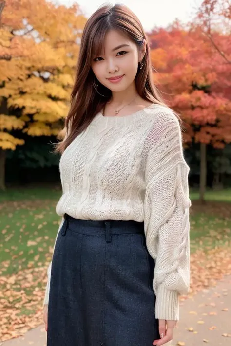 1girl,(wearing a sweater and long skirt:1.2),(RAW photo, best quality), (realistic, photo-realistic:1.4), masterpiece, an extremely delicate and beautiful, extremely detailed, 2k wallpaper, Amazing, finely detail, extremely detailed CG unity 8k wallpaper, ultra-detailed, highres, soft light, beautiful detailed girl, extremely detailed eyes and face, beautiful detailed nose, beautiful detailed eyes,cinematic lighting,at a park,(autumn scenery),maple leaves,perfect anatomy,slender body,smiling <lora:sasakisayaka_lora:0.8>