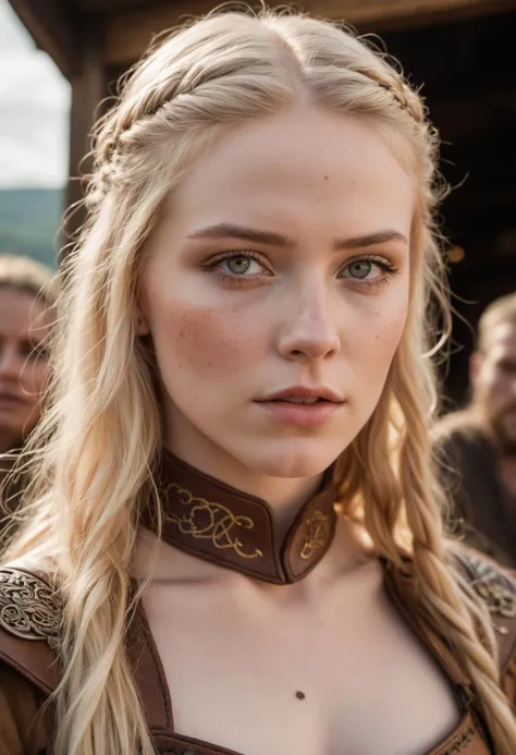 ((intricate details, extreme close up portrait, pale skin)), beautiful blonde 20 year old female warrior wearing a (revealing soft light brown embroidered leather outfit), beauty mark, moles, freckles, (bright sky-blue eyes:1.2), crowded and rowdy medieval tavern, mesmerizing eyes, emotive longing expression, (cinematic, film grain:1.1)