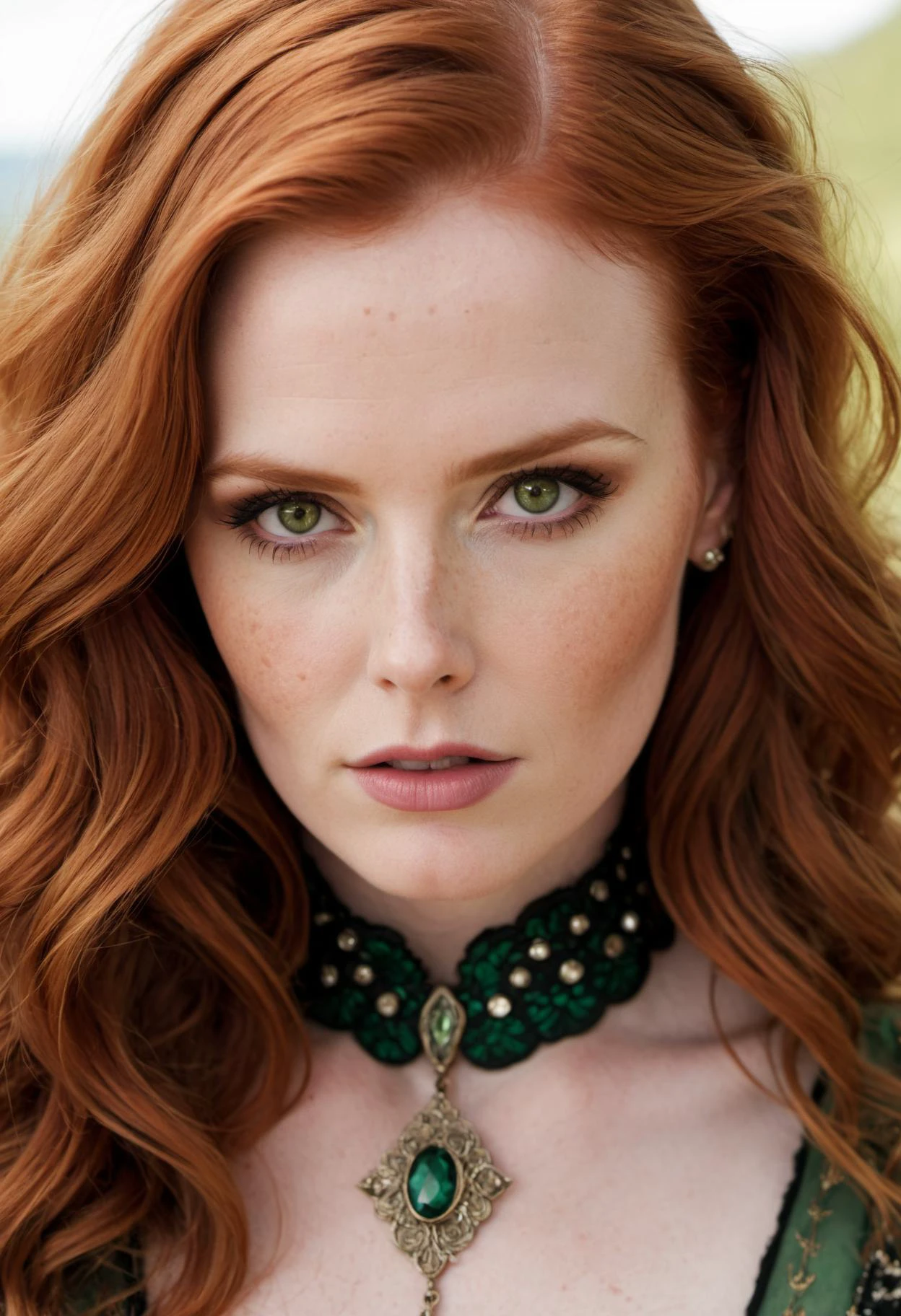 ((intricate details, extreme close up portrait, pale skin)), a beautiful mature redhead sorceress wearing a (revealing green embroidered bodice with a high collar and necklace), beauty mark, moles, (freckles:1.2), mesmerizing sapphire eyes, long wavy hair, intense focused expression, a summer glade, (cinematic, film grain:1.1), Isla Fisher|(Karen Gillan:0.8)|(Deborah Ann Woll:1.1)