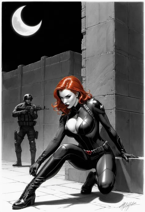 beautifully detailed graphite sketch by frank miller, black and white drawing, black widow from the avengers crouching against a wall and sneaking into military barracks, red hair and lips, she is wearing a skintight state of the art stealth suit, crouching pose, dark army base background with patrolling soldiers, search lights, suspenseful, tense atmosphere, night time, dramatic clouds obscuring a crescent moon, Pencil Sketch Drawing, high contrast,