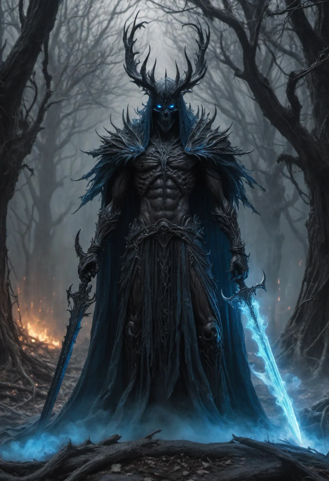 night time, ((skeletal)), emaciated, dark twisted haunted corrupted woods, a horrid spectral male lich, ((body shot)), evil detailed face, dangling chains, lich king, intricately detailed tattered see through robes of office, black feathered wings, tombstones littered amongst the gnarled leafless trees, jet black bastard sword wreathed in blue spectral flame, glowing eyes, dark swirling smoke like malevolent energies, ((low hanging volumetric mist)), masterpiece, best quality, intricate details, Wide-angle lens photography, art by Luis Royo, (HR Giger:0.75), ray tracing, subsurface scattering, cinematic light, imax, dramatic atmosphere, epic, fantasy art, surrealism, 8k, uhd, hdr