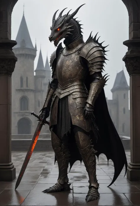 ( 8k, gradient art by Harry Clarke Hayv Kahraman ), (a (dragon headed:1.2) humanoid knight from darksouls standing ready to fight wearing (rusted:1.2) armor, notched broadsword, bipedal, insanely detailed evil reptilian dragon head, glowing eyes, oppressively gloomy castle courtyard, grey overcast and raining