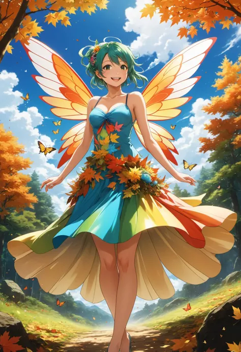 art by Hideaki Anno, anime artwork, art by Rumiko Takakashi, art by Makoto Shinkai, art by Kohei Horikoshi, ultra detailed, sexy beautiful dancing fairy with rainbow colored wings and a dress made from autumnal leaves, smiling detailed face, in a forest glade, beautiful eyes, autumn time, flowers, fluffy clouds, butterflies, animals everywhere,, ((body portrait)), high contrast, anime style, key visual, vibrant, studio anime, highly detailed
