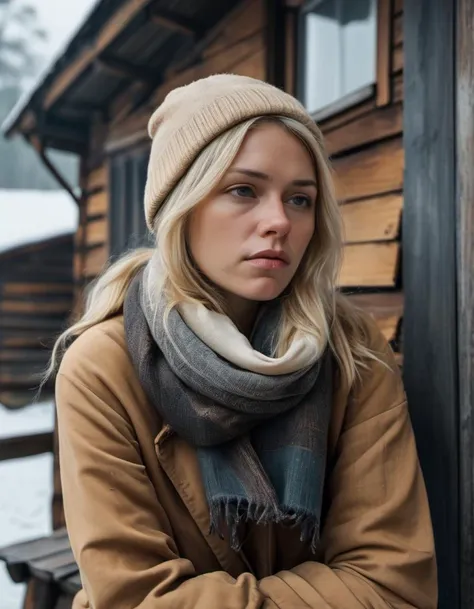 Close up photo of a melancholic blonde woman, wearing beanie hat and scarf, sitting outside a rundown wooden cabin, looking blankly into the distance.  Gloomy winter day <lora:MJ52:0.7>
