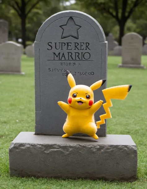 Pikachu's celebration dancing in front of a Tombstone that says "Super Mario"