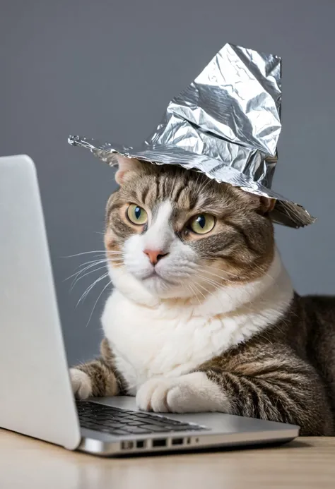 A cat wearing a tin foil hat, looking at a laptop screen.