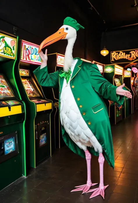Photo of obese stork in a dark green arcade, dressed as the riddler, long neck
