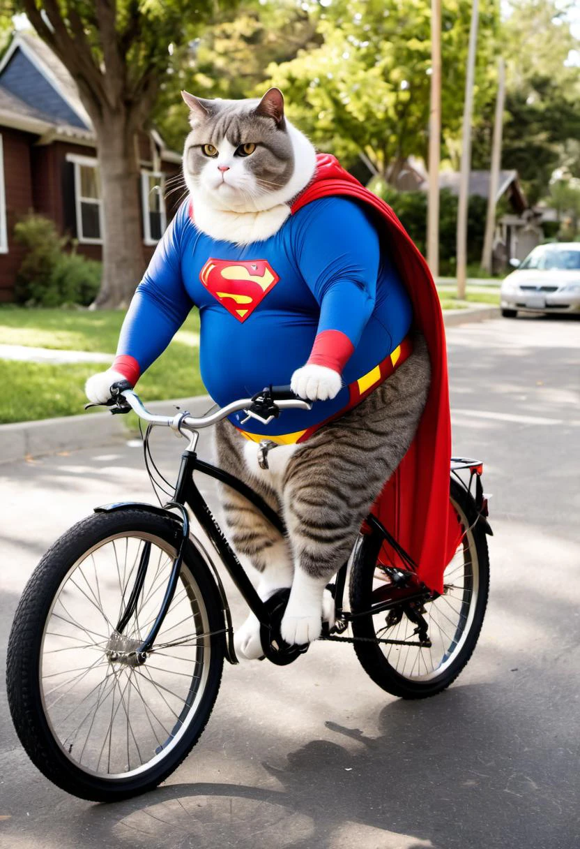 Photo of obese cat driving a bicycle, dressed as superman
