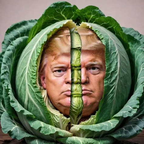 Split head (Donald Trump) inside Cabbage