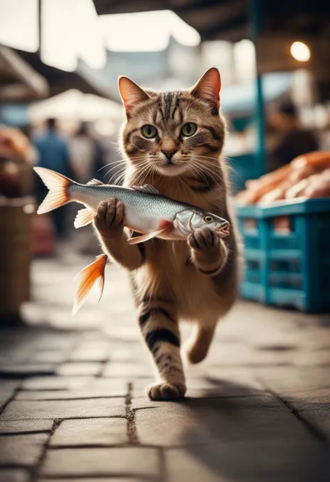 Cinematic still of Cat holding fish with paws, running away in a market. . Shallow depth of field, vignette, highly detailed, high budget, bokeh, Cinemascope, moody, epic, gorgeous, film grain, grainy