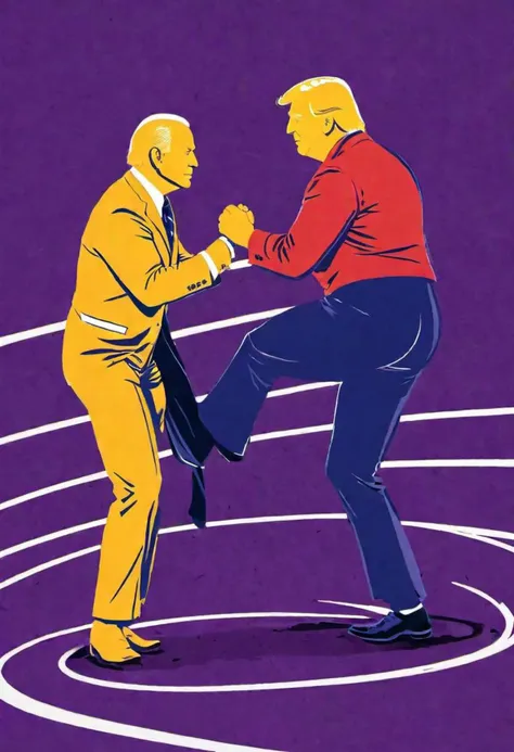 Donald Trump wrestling with Joe Biden, stadium. Digital artwork, bold lines, vibrant, saturated colors