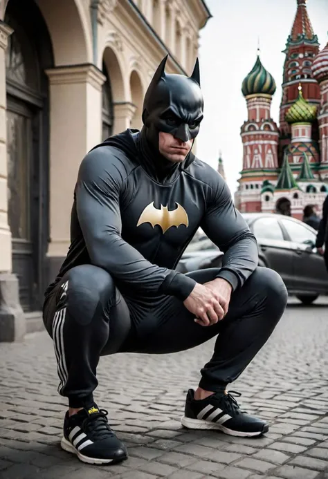 Batman in Adidas tracksuit squatting in Moscow