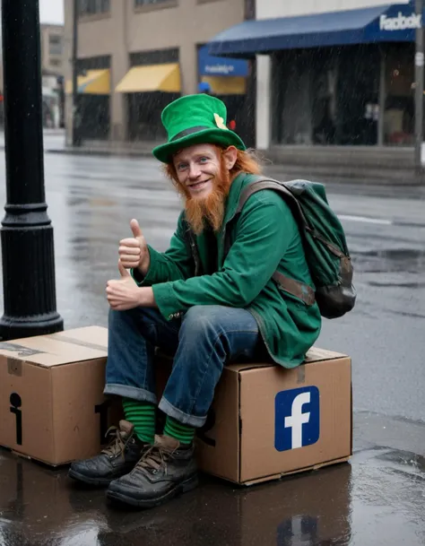 Photo. Profile of a homeless Leprechaun, sitting on a cardboard box with blue and white Facebook "thumb up" sign. He is sitting at a street corner in the rain. Wet pavement, dark mood