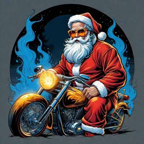 creative illustration of santa clause with cool sunglasses, classic motorcycle, fire, gangster style, sketch, white, electric blue, yellow and red, outlines, comic fantasy style by dan mumford, boris vallejo, high definition, intricat details, bright colors, logo style, negative space, set on a black background