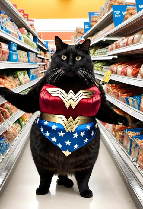Photo of obese cat shopping at walmart,  dressed as wonder woman