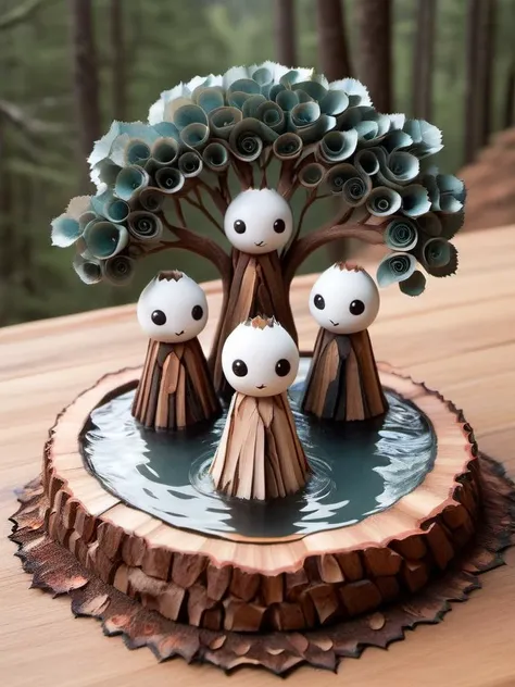 supernatural, Darling, pocket-sized tree spirits with delicate branches and friendly faces, with a hot spring in the background    made of ais-pencilshavings  <lora:Pencil_Shavings_Style_SDXL:1>