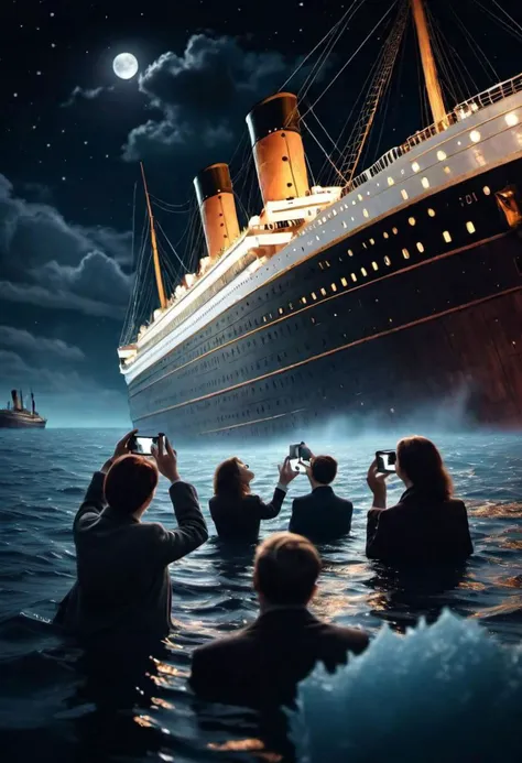 Photo People taking selfie of sinking Titanic, night scene.