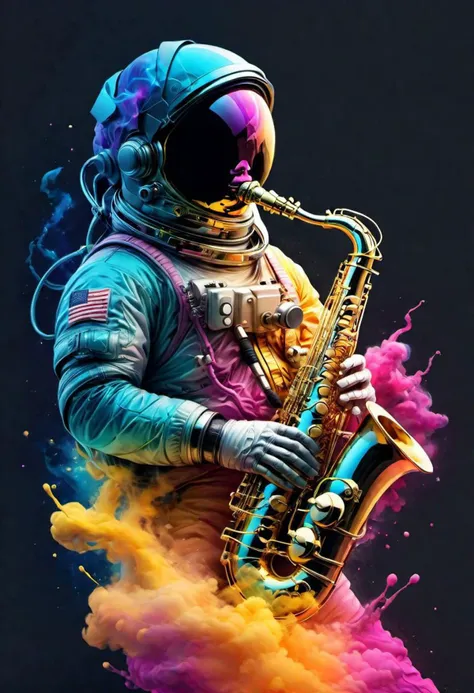 creative illustration of an astronaut playing saxophone, nebula space, digital art by alberto sevezo ,sketch, black,electric blue, fushia, yellow, orange, outlines,high definition, intricat details, bright colors, logo style, negative space set on a white background