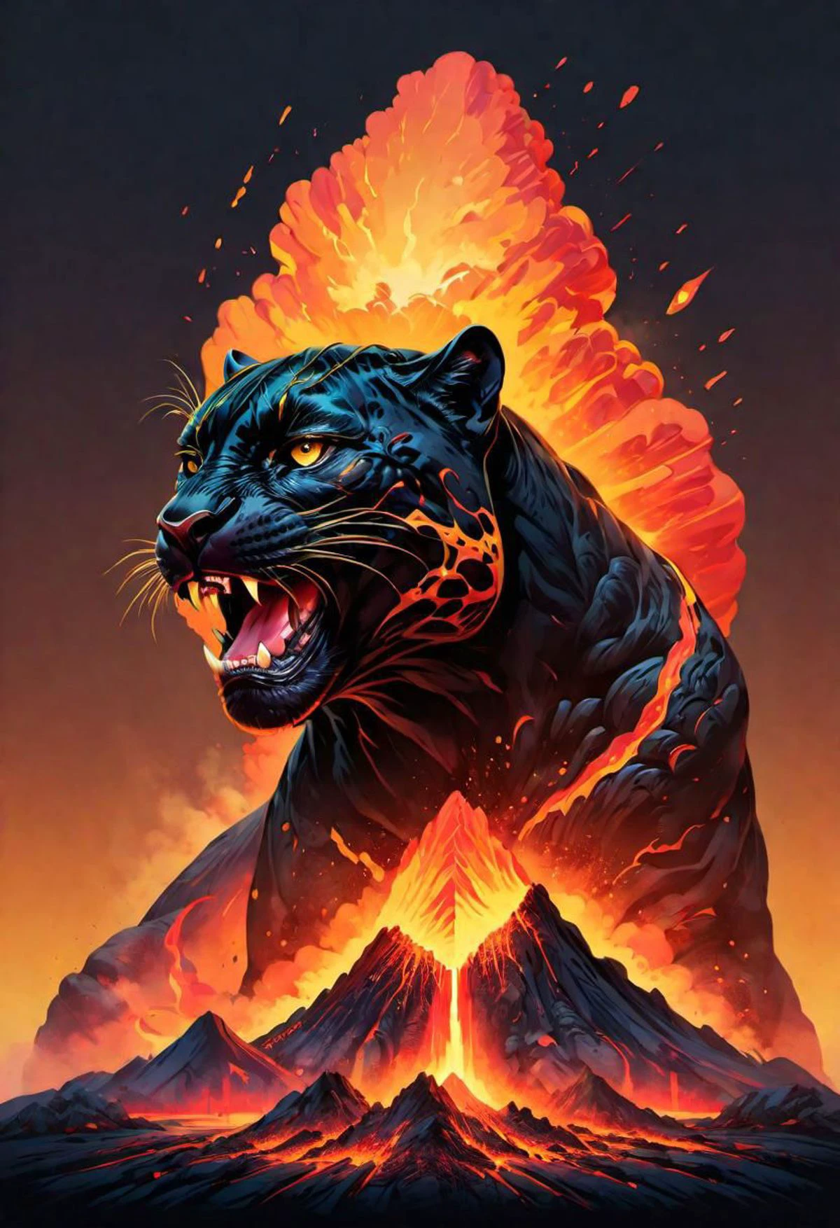creative illustration of panther, lava, volcano, double axposure, fantasy style by dan mumford, frank franzetta , black, red, yellow, and orange outlines,high definition, intricat details, bright colors, logo style, negative space set on a white background