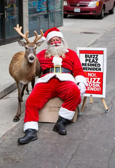Homeless Drunk Santa Claus sleeping on the street with Rudolph the red-nosed reindeer holding sign "BUZZ PLEAZ"