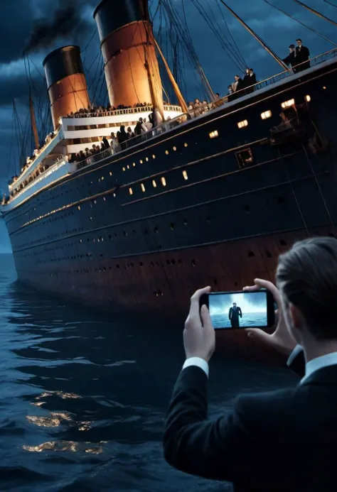 Cinematic Film still of People on life board, taking selfie of sinking Titanic, night scene.