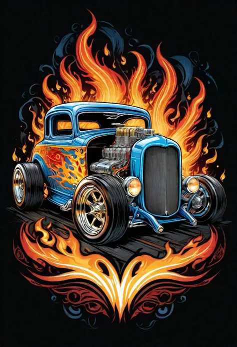 creative illustration of a hot rod with fire ornements, sketch, white, grey, elctric blue, yellow and red, outlines, comic fantasy style by dan mumford, frank franzetta, high definition, intricat details, bright colors, logo style, negative space, set on a black background