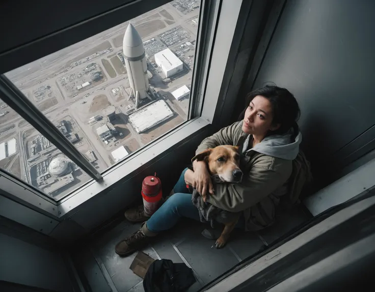 Overhead shot of a homeless, sad woman and her dog sitting inside an space elevator with giant windows, midair. Dirty and tired.
BREAK
Giant rockets and spaceships. Year 2074