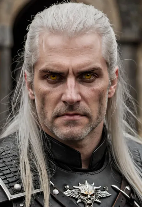 ((intricate details, extreme close up portrait of Geralt, pale skin)), A grim and determined warrior with long white tied back hair and a well trimmed white beard, slit (bright yellow eyes:1.2), 35 year old man in a castle courtyard, masculine features, wide jaw, strong brow, grizzled weathered look, sword on back, studded (black leather:1.3) armor, (cinematic, film grain:1.1),