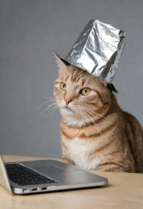 A cat wearing a tin foil hat, looking at a laptop screen.