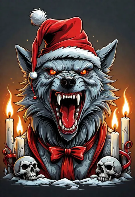creative illustration of an angry zombie wolf wearing a red christmas bonnet, candles, skulls, fantasy style by dan mumford, frank franzetta ,sketch, white, grey ,, red, yellow and orange outlines,high definition, intricat details, bright colors, logo style, negative space