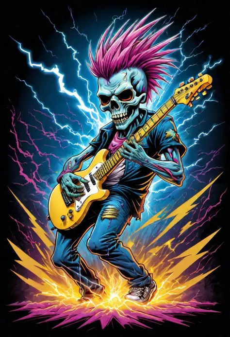creative illustration of zombie skull with punk hair, surrounded by fushia thunder bolts and electric blue lightning, playing electric guitare fantasy style by dan mumford, frank franzetta, sketch, white, grey, yellow and electric bue outlines, high definition, intricat details, bright colors, logo style, negative space