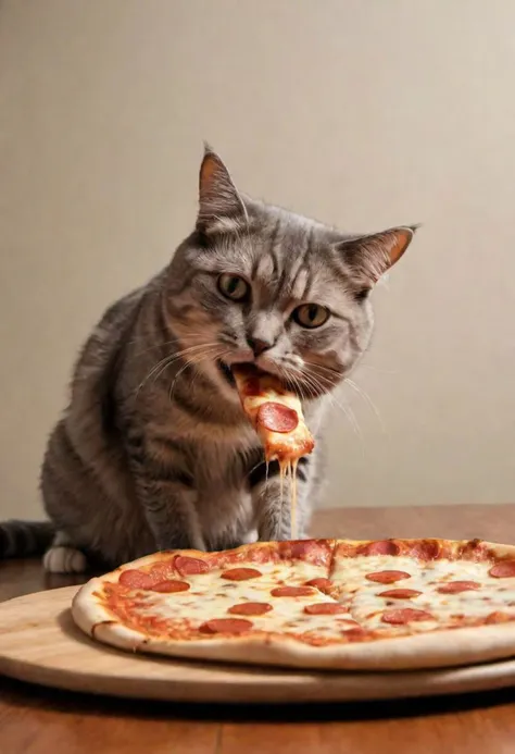 A sad cat trying to reach for a slice of pizza
