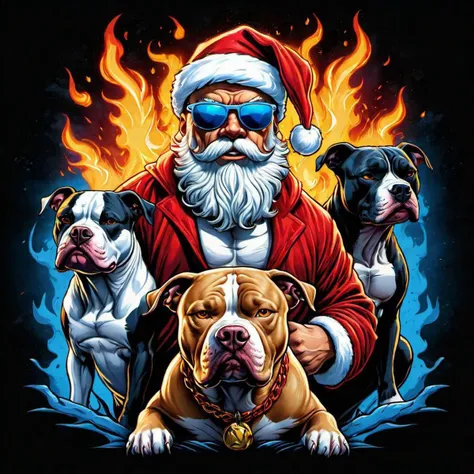 creative illustration of santa clause with cool sunglasses, two angry pitbulls standing besides, fire, gangster style, sketch, white, electric blue, yellow and red, outlines, comic fantasy style by dan mumford, boris vallejo, high definition, intricat details, bright colors, logo style, negative space, set on a black background
